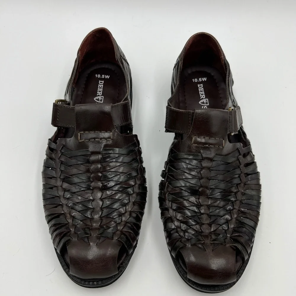 Deer Stags Bamboo 2 Brown Faux Leather Woven Huarache Fisherman Sandals 10.5W